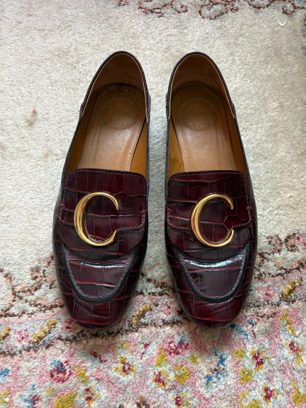 Chloe Burgundy Croc-Embossed Leather Loafers with Gold C